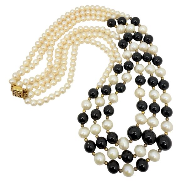 VTG White Pearl & Onyx Multi Strand Necklace 18" Gold Over 925 Sterling Silver - Picture 7 of 12